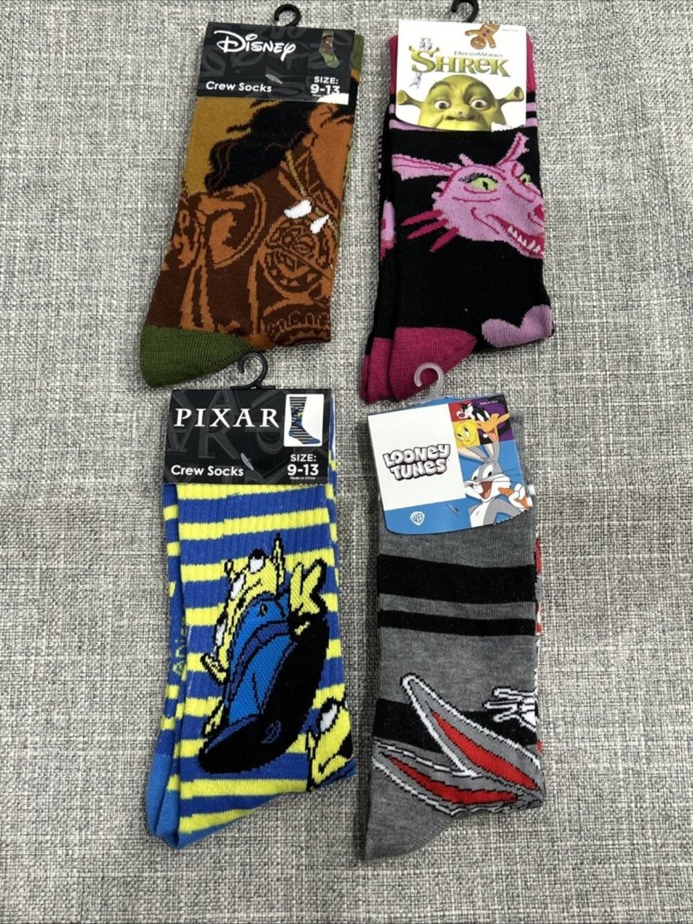 Lot of 4 Novelty Crew Socks Pop Culture Toy Story Shrek Moana Looney Tunes